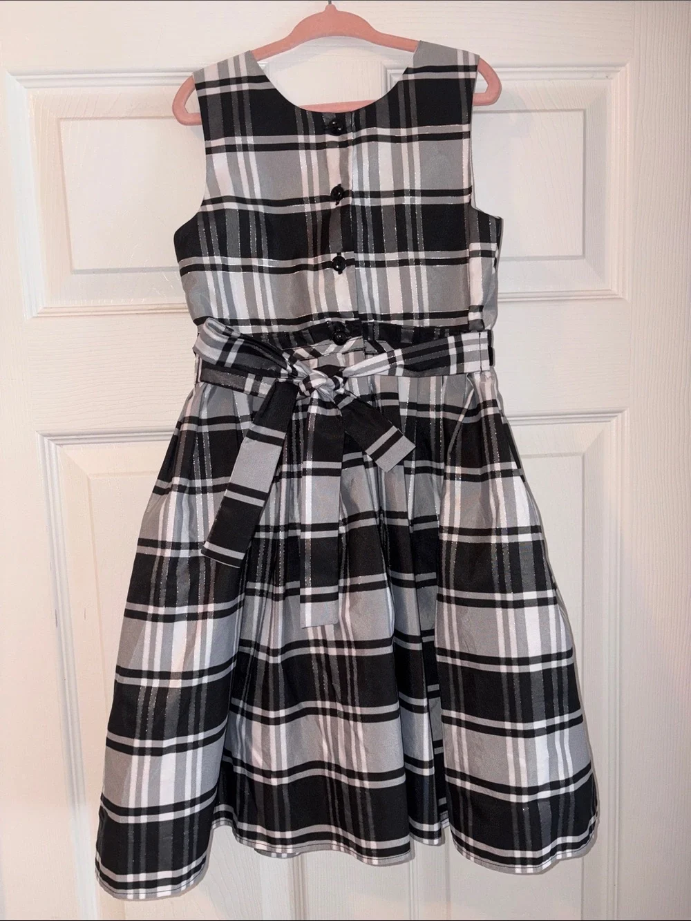 Jona Michelle Black and White Plaid Sleeveless Party Dress with Velvet Belt